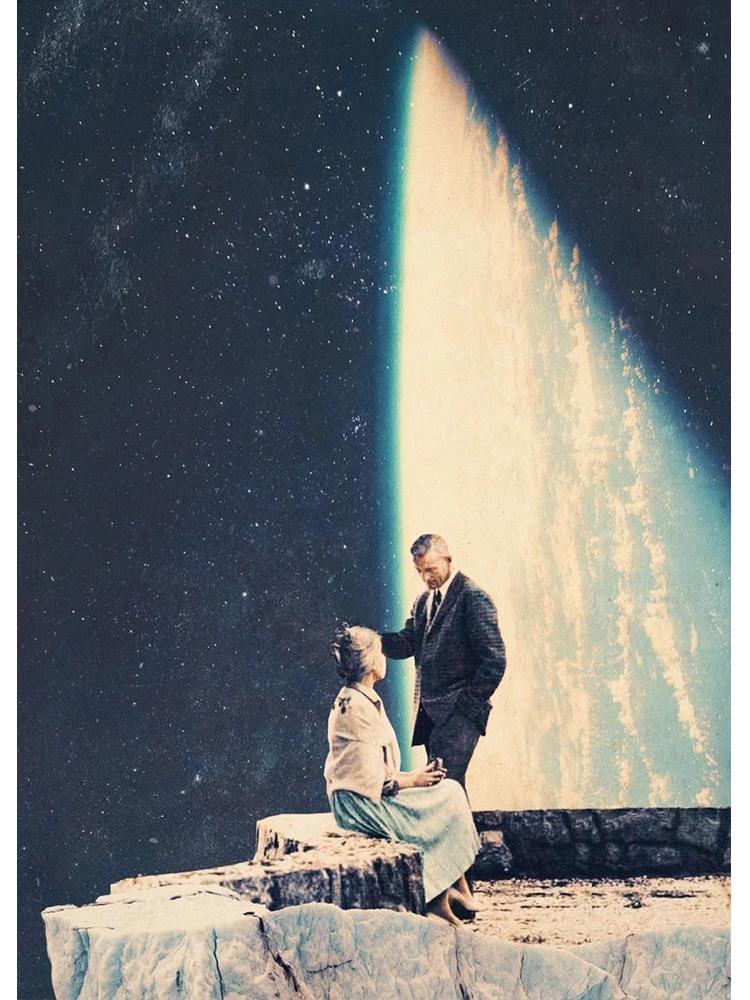 Vinatge Space Collage Night Sky Posters Canvas Painting Galaxy Moon Surrealism Wall Art Picture For Living Room Home Decoration