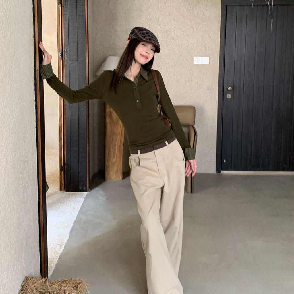 Damen kariertes Patchwork-Langarm-Polo: Herbst/Winter Schlankmachendes Koreanisches Lagenoberteil