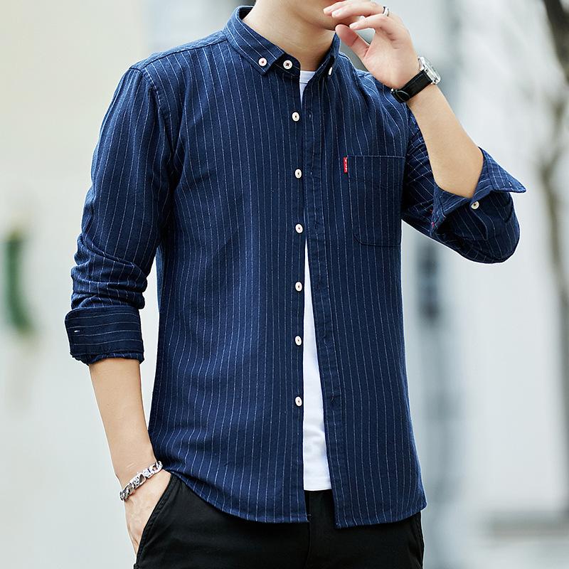 Spring Men's Striped Large-size Korean Version Slim-fit Shirt, Young Student Striped Handsome Polished Shirt