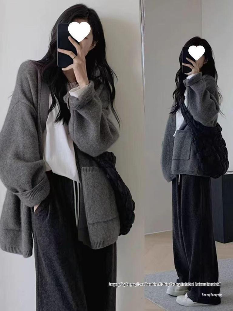 Women's Mid-Length Plus Size Wool Cardigan - Versatile Loose Knit Sweater Coat