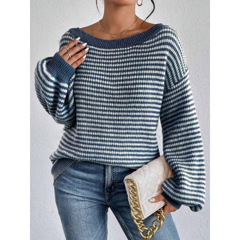 Fashion One-word Neck Striped Off-the-shoulder Knitted Women Sweater Autumn and Winter Pullover Loose Simple Office Sweaters Casual Long Sleeve Tops