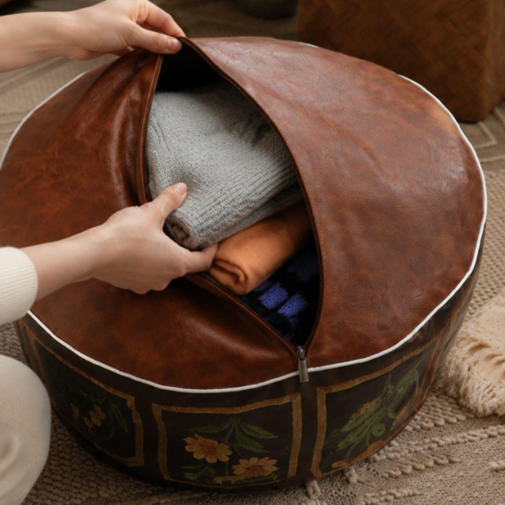 Unfilled Oil Painting Pattern Stool Cover PU Leather Floor Seat Cushion Home Decor