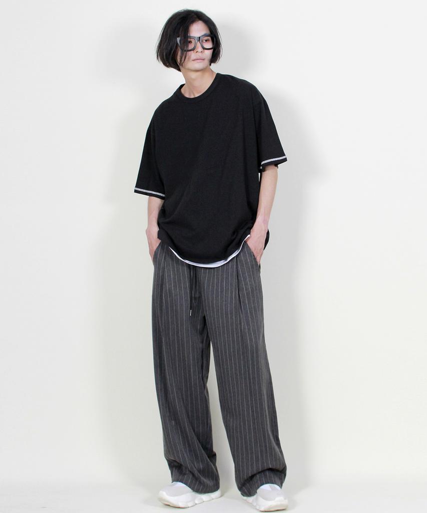 Deumakeu Striped Wide One-Pleat Pants Charcoal