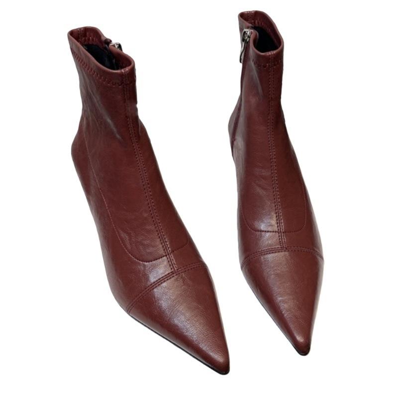 French Side Zipper Cat Heel Pointed Short Boots Autumn Winter Fashion Soft Leather Thin Heel Temperament Thin Boots