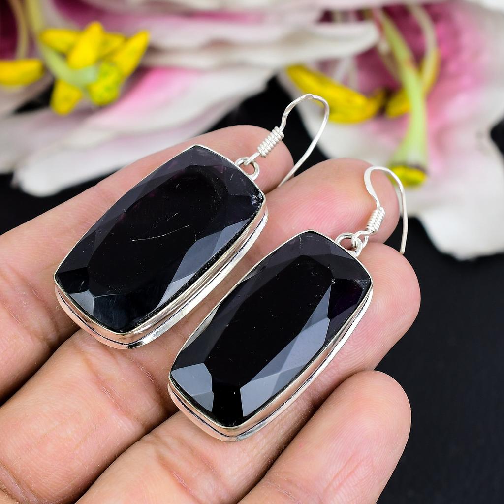 Black Spinel Gemstone Handmade 925 Sterling Silver Jewelry Earring 2.17" KG-1756