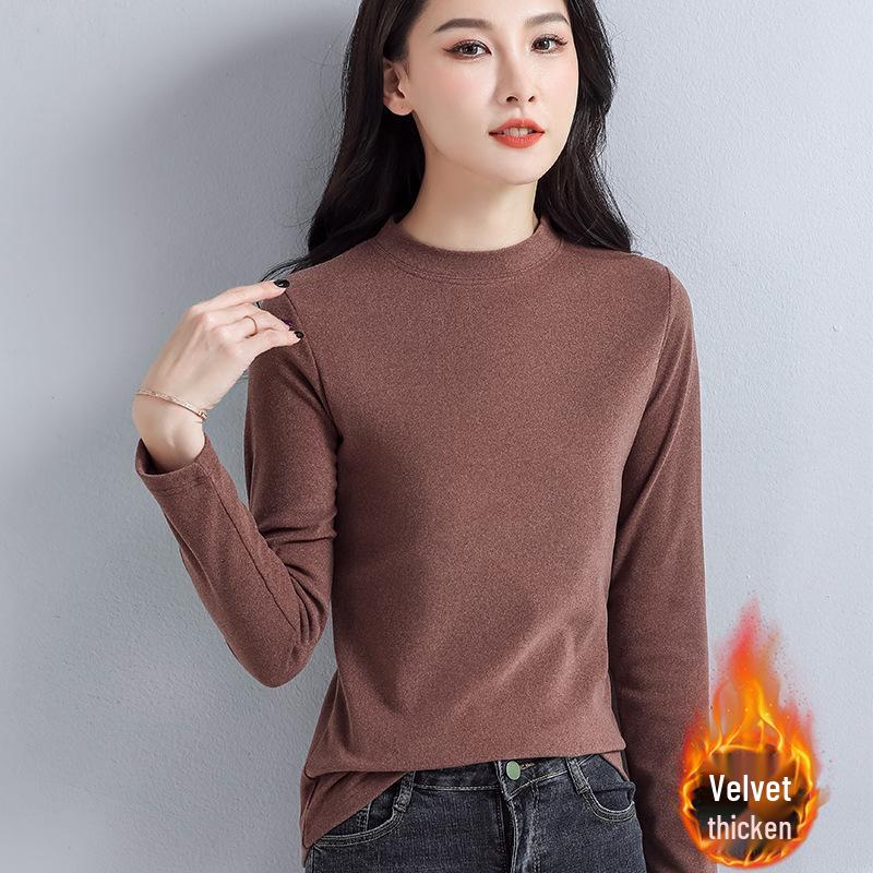 Women's Black Slim Fit Long Sleeve Thermal Top - Plush, Thickened for Warmth, Autumn/Winter 2025.