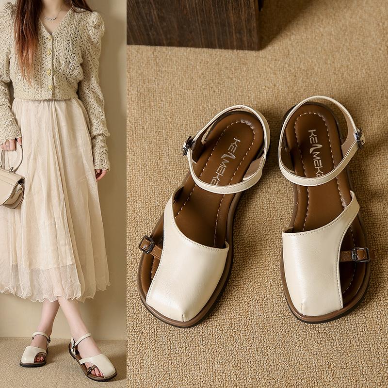 Beige Heeled Sandals Buckle Strap Comfort Shoes for Women Summer Black Flat Clear Low Fashion Closed Girls Fretwork