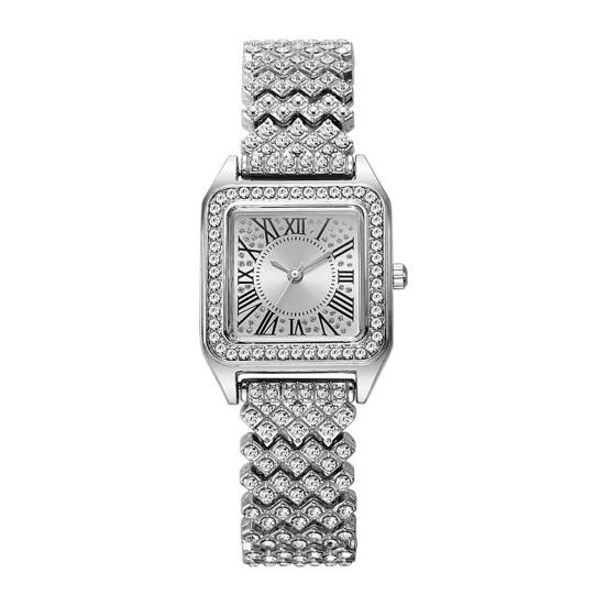 Damen Quadratische Kristalluhr Hohe Genauigkeit Quarzwerk Strassbesetztes Zifferblatt Kratzfestes Mineralglas Legierungsgehäuse Elegante Damenuhr für