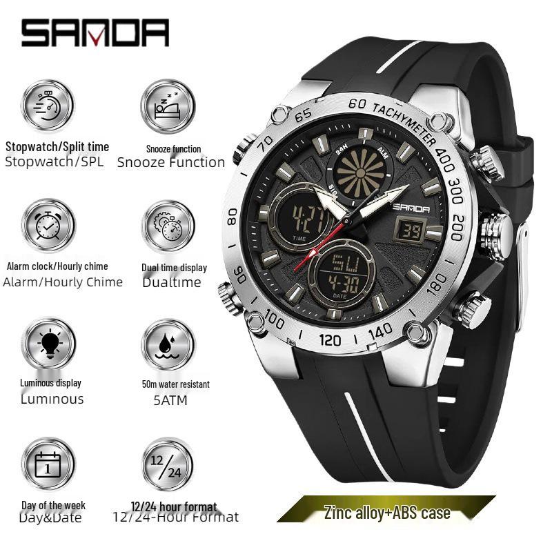 Sanda Men s Multifunctional Sports Watch: Luminous, Waterproof, Large Dial, Dual Display with Alarm