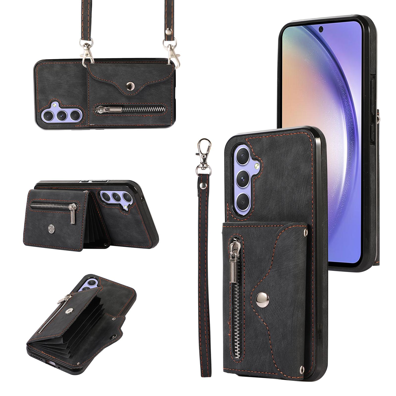 

For Samsung Galaxy A35 5G Case PU Leather+TPU RFID Blocking Card Slots Phone Cover with 2 Straps Black