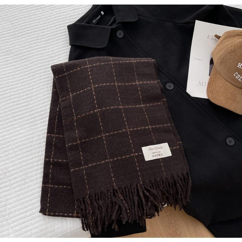 Plaid Imitation Cashmere Scarf for Women Winter New High End Versatile Shawl Student Warm Scarf White