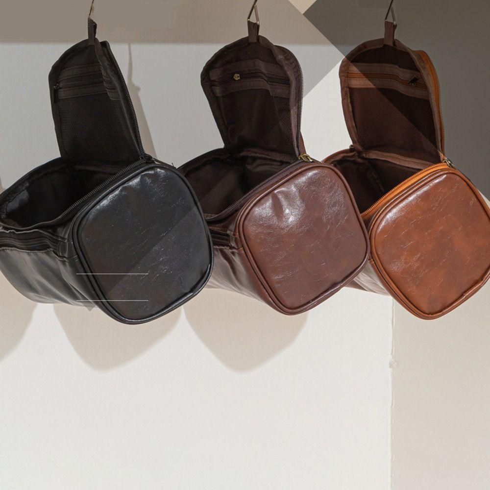 Travel PU Leather Men Toiletry Bag Zipped Waterproof Cosmetic Bag Vintage Luxury Large Capacity Wash Organizer Business