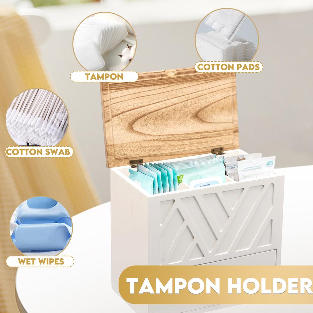 Holz-Tamponhalter mit Deckel und Schublade Badezimmer-Tampon-Aufbewahrungsbox Große Kapazität Staubdicht Organizer für Damenhygieneprodukte