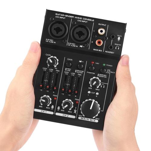 2-Channel USB DJ Mixer with EQ Phantom Power Compact Sound Card Audio Mixer Board for Live Performance and Recording