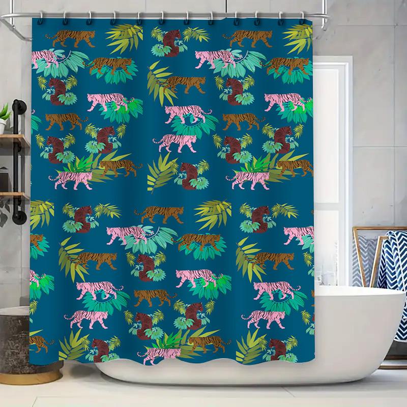 

Fashionable Shower Curtain With Jungle Tiger Print Blue Background With Pink Green Leaves For Bathroom Decor (Blue) W60H190(CM)-1 Pcs