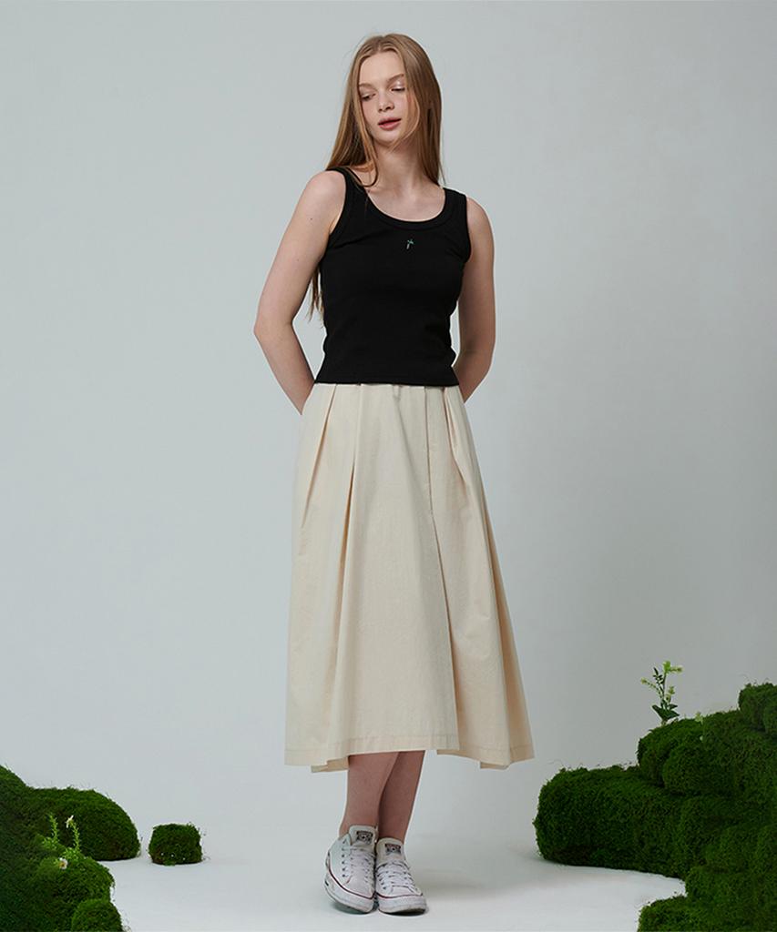 Pin Black Pintuck Flare Volume Skirt Beige