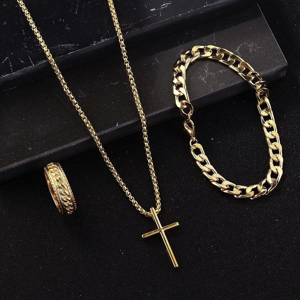 3pcs Set Men's Fashion Alloy Jewelry Cross Pendant Chain Necklace Bracelet Ring Jewelry Set Male Hip Hop Daily Wear Accessories