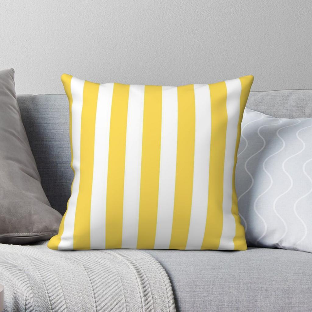 Mustard Yellow White Stripes Square Pillowcase Polyester Linen Velvet Printed Zip Decorative Sofa Seater Cushion Cover