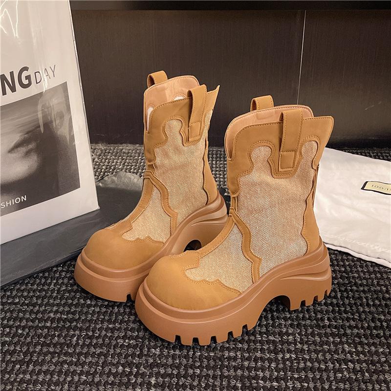 British Martin boots 2025 new French splicing western cowboy boots retro color matching thick-soled medium boots