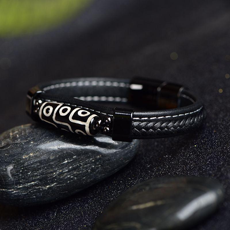 

Handmade Black Gold Leather Bracelet with Tibetan Nine-Eyed Dzi Bead - Retro Ethnic Style for Men 21cm (for weight 110-140)