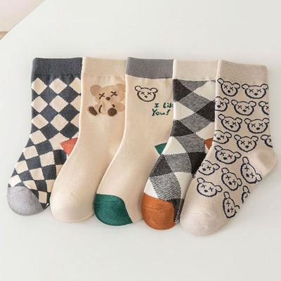 5Pairs/Lot Cute Bear Plaid Baby Socks Spring Autumn Soft Cotton Kids Middle Tube Socks For Boys Girls Casual Sports Sock