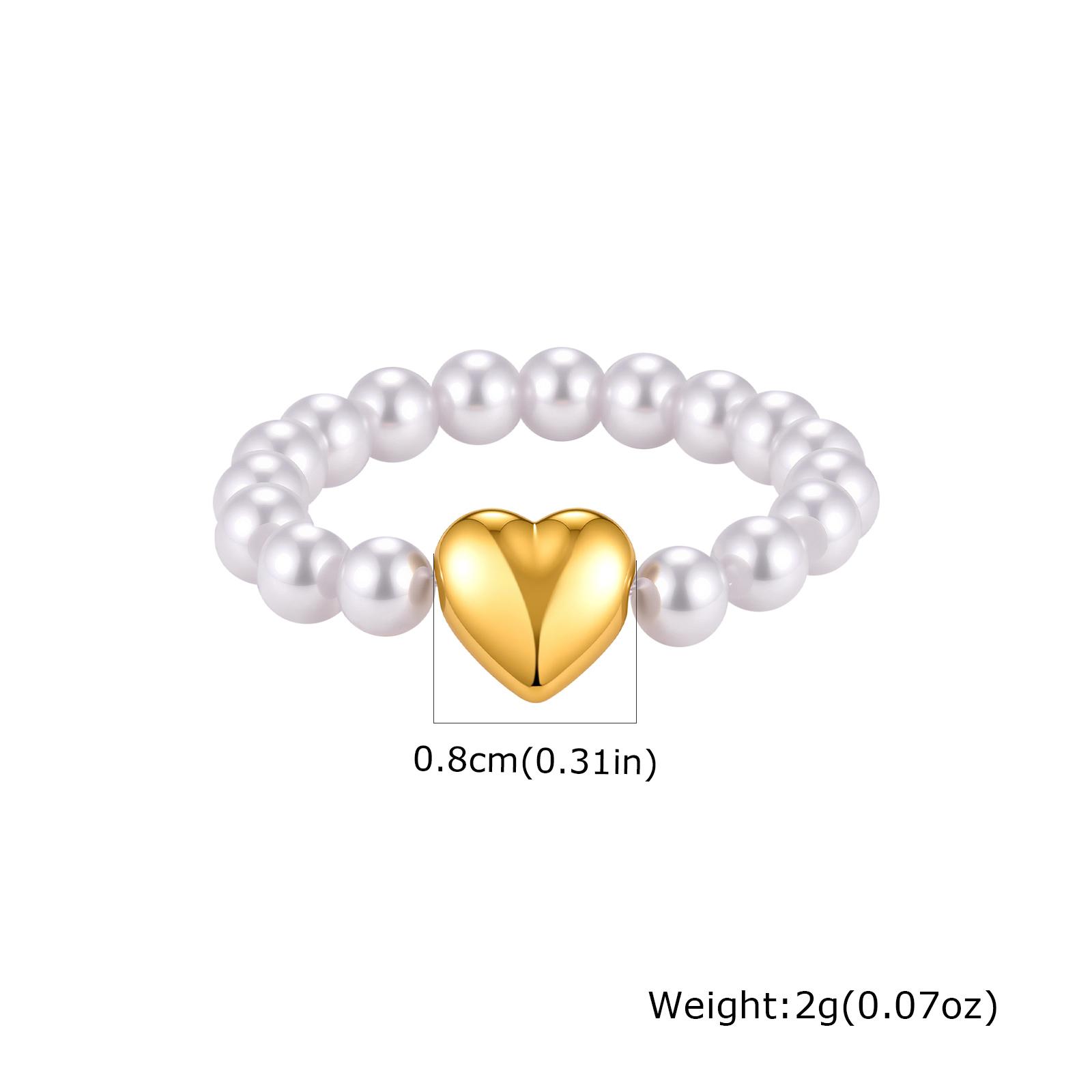 Heart Pearl Elastic Cord Beaded Ring for Women, 18K Gold Plated Stainless Steel Band, Adjustable Stretchy Gift