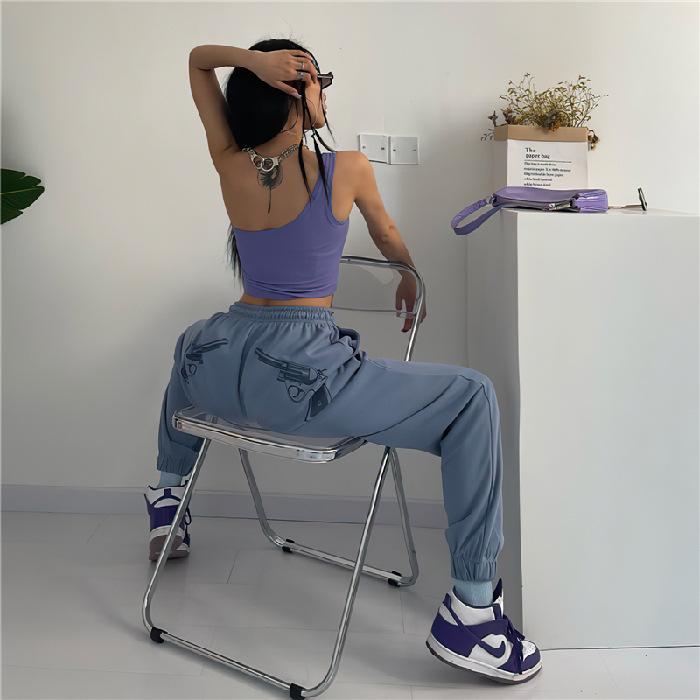 New printed jazz hip-hop sweatpants women s hip-hop loose leggings high-waisted versatile casual sweatpants tide S синий
