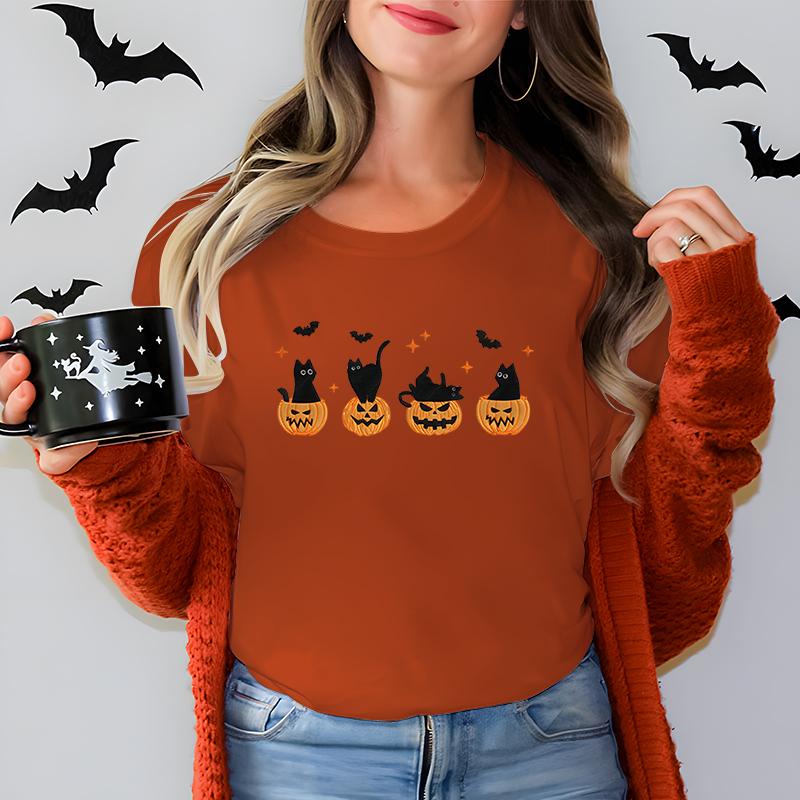 Black Cat Pumpkin Graphic T Shirts Women Trendy Halloween Retro Essential Classic Tops Cat Lover Spooky Season Halloween Tshirt