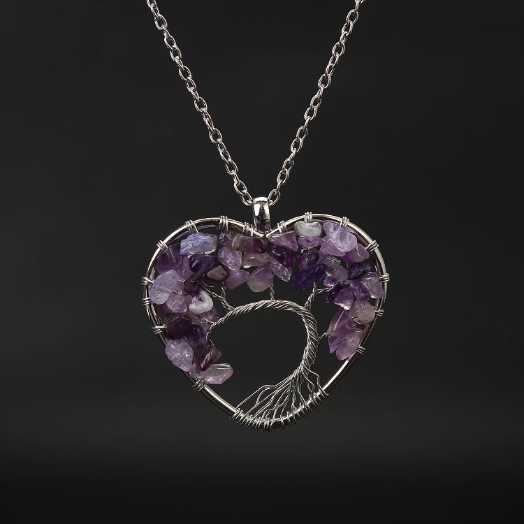 Seven-Color Heart-Shaped Tree of Life Necklace with Natural Stone Crystals