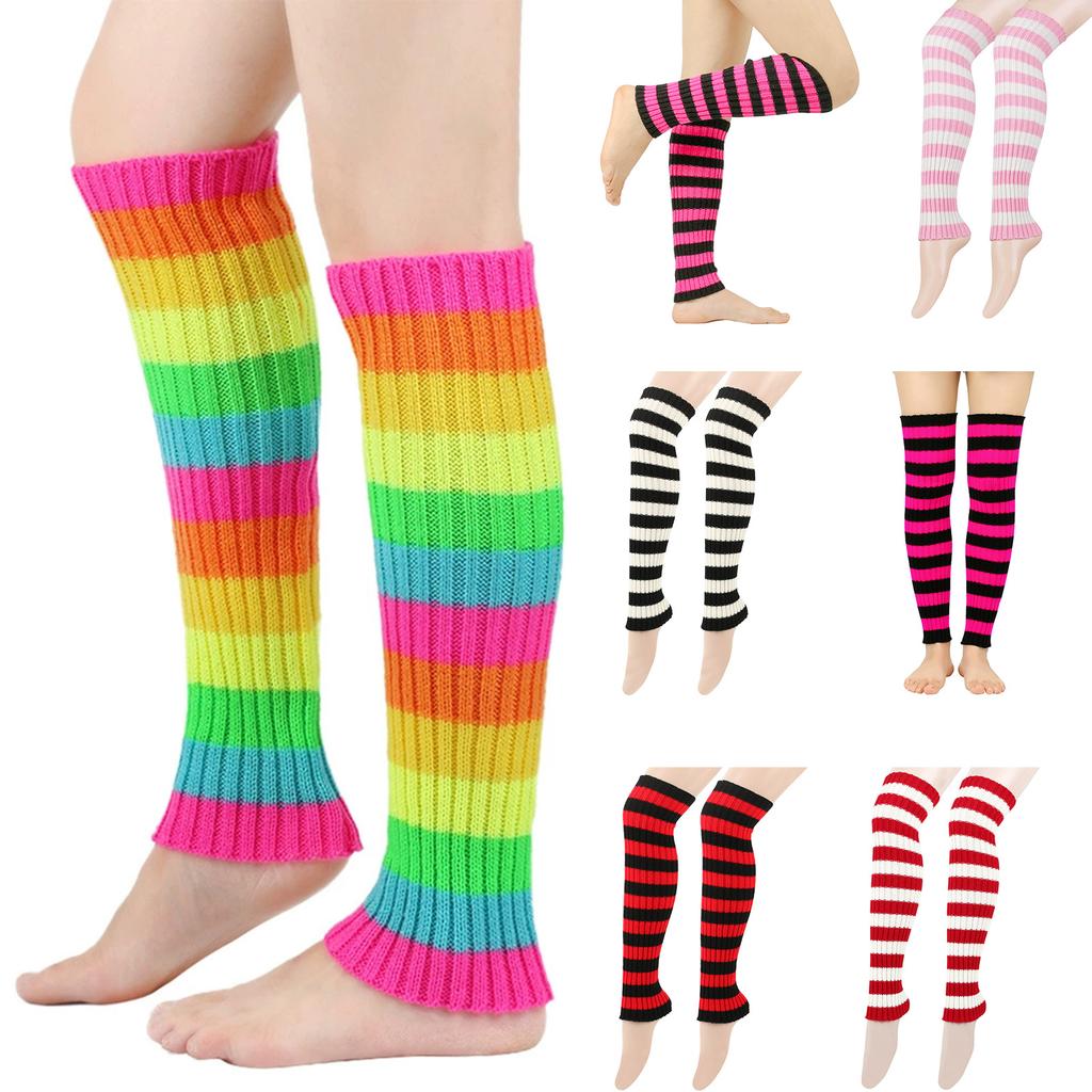Women Leg Warmers Socks Colorful Stripe Ribbed Knitted Leg Covers Thigh High Long Stockings Cosplay Costume Accessories