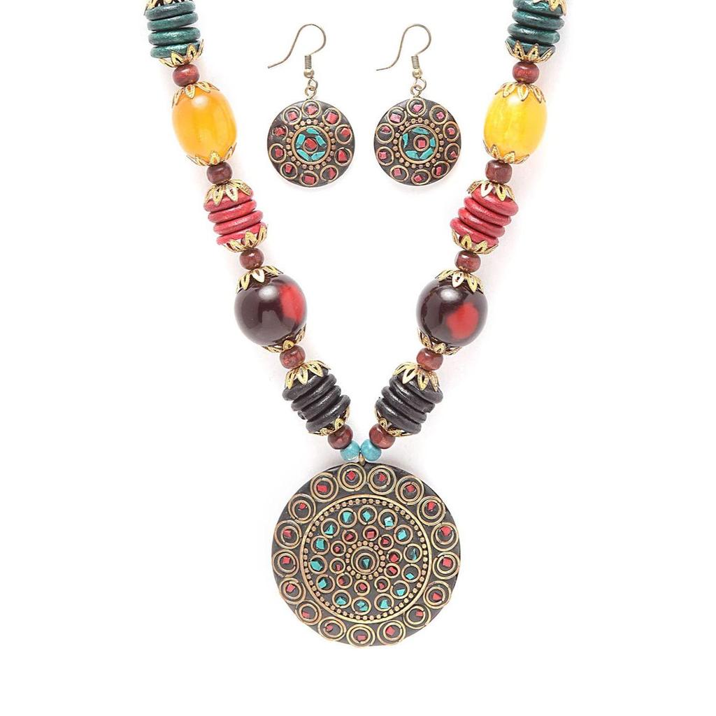 Latest Stylish Traditional Tibetan Pendant Necklace Jewellery Set for Women
