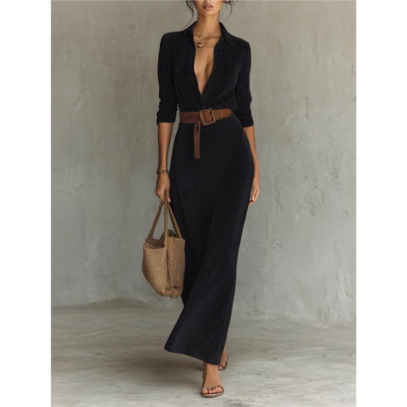 2025 Autumn/Winter Suede Plush Waist-Cinching Belted Shirt Dress