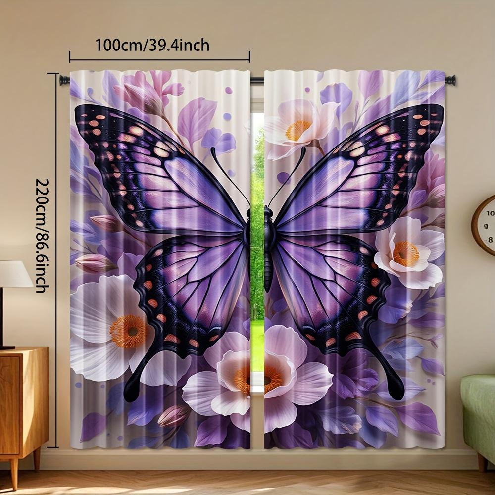 2pcs Purple Butterfly & Floral Print Curtains - Light Filtering Polyester Rod Pocket Design   Contemporary Style for Bedroom   Liv