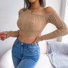 Autumn/Winter Women's Fashion Twisted-Cable Off-Shoulder Long-Sleeved Cropped Knitted Jumper
