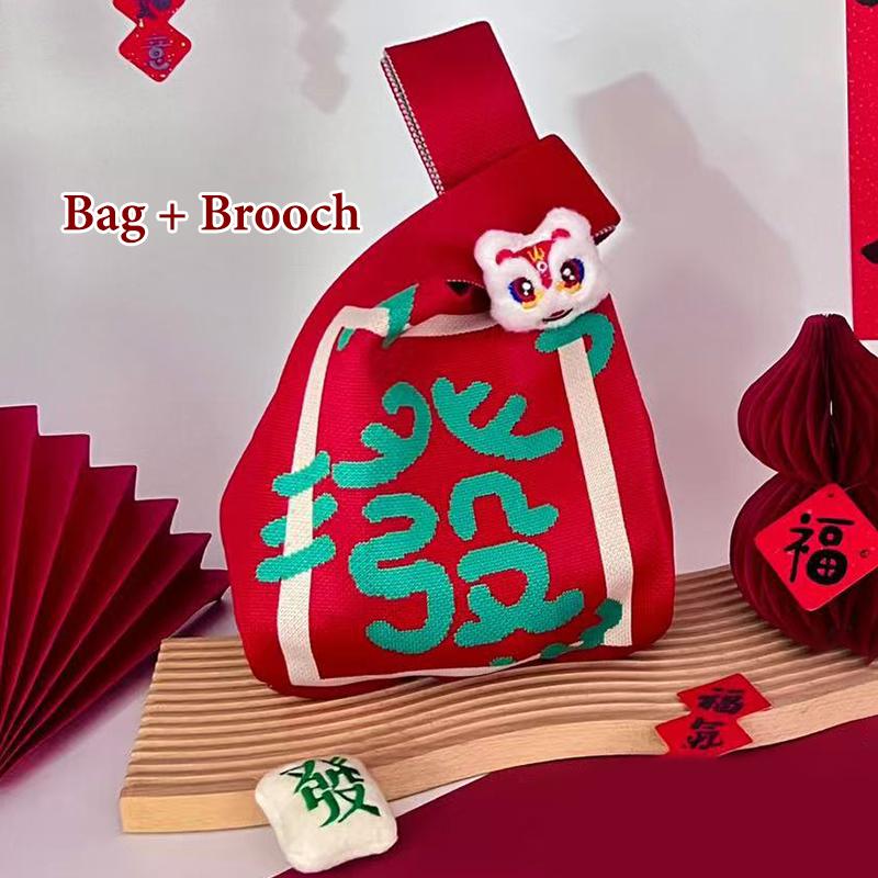 2026 New Year Cartoon Mascot Pony Knitted Gift Bag Handheld Candy Bag Large Capacity Knot Wrist Bag Cute Reusable Shopping Bags