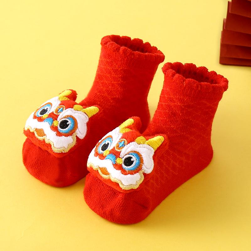 

Носки для новорожденных красные с противоскользящим покрытием — теплый осенне-зимний стиль для празднования 100-го дня и Нового года 14-16cm [1-3 years]