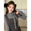 Korean Faux Two-Piece Grey Bow Polka Dot Dress, Waist-Cinched A-Line Skirt for Autumn