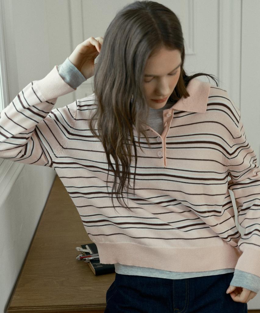 MIND BRIDGE WOMEN [W] Stripe Button Classic Collar Knit - 2 Colors