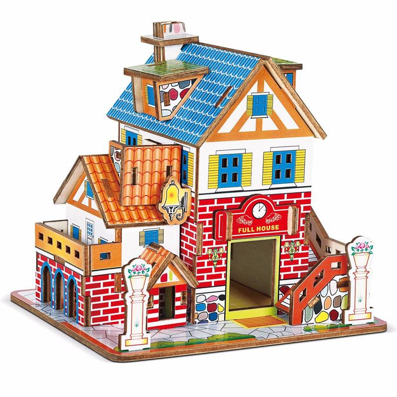 Jucării Educative pentru Bebeluși Handmade DIY Puzzle din Lemn Vilă Casă Colibă Model 3D Ornament de Birou