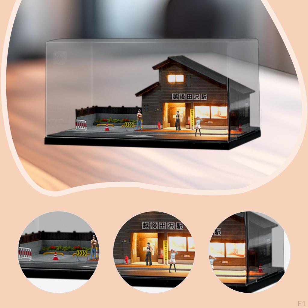 1/64 Model Car Display Case with 3 Figures Station Diorama Light Ornament Miniature Scene