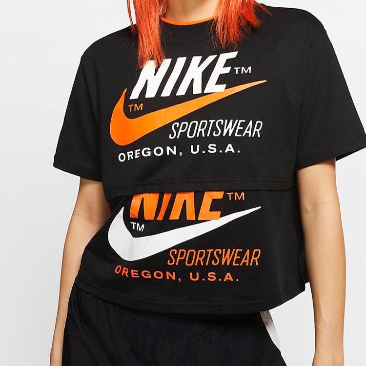 Nike Double Logo Spliced Short Sleeve T-Shirt Women Tops Black CJ2041-010