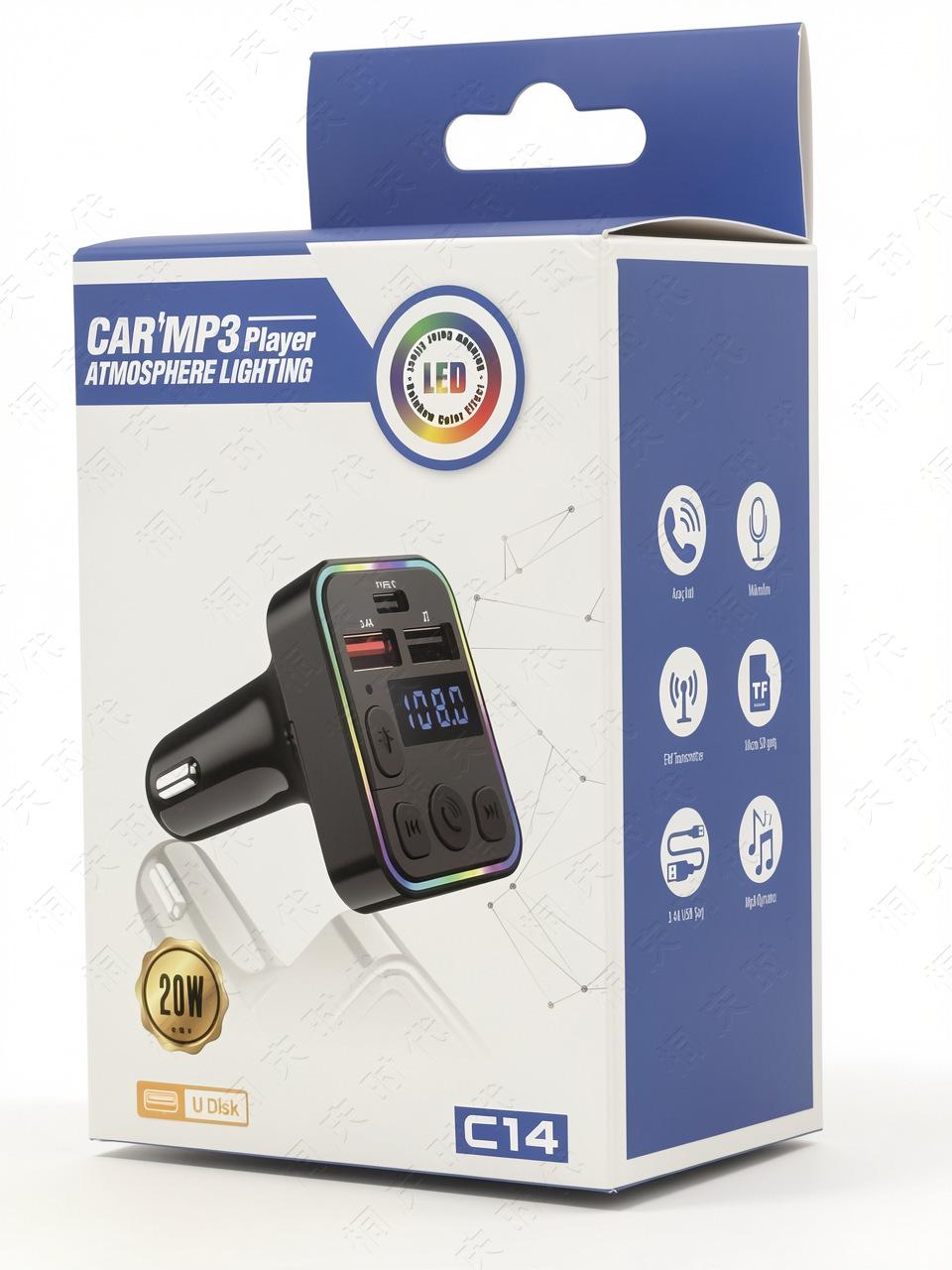 Bluetooth Car Charger with MP3 Player, FM Transmitter, Hands-Free Calling & Dual USB Ports C14 чёрный