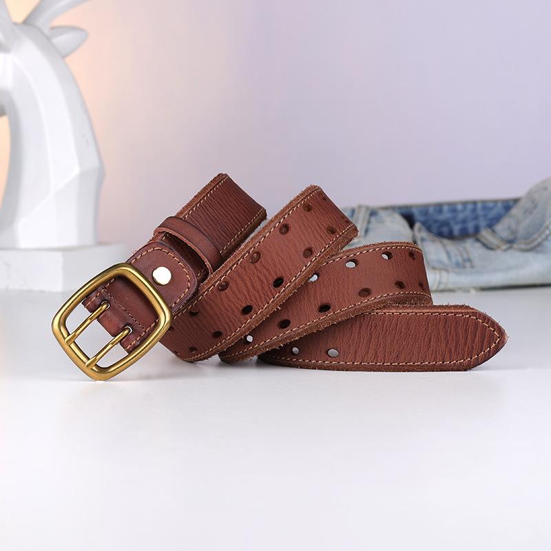 First Layer Cowhide Men'S Belt Double Row Hole Hollow Belt Casual Temperament Retro Leather Belt Factory