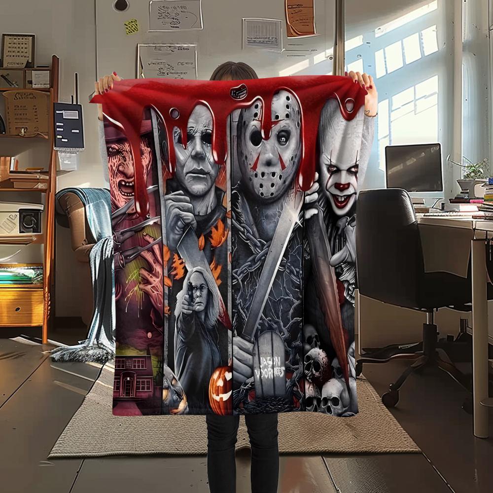 1 szt. Koc flanelowy z nadrukiem z filmu grozy, Wysokiej jakości, Wygodny na wszystkie pory roku, Wystrój domu, Ciepło i komfort, Idealny na prezenty świąteczne