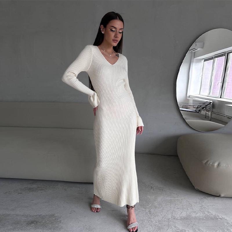 Women Elegant Solid Slim Long Sleeve Ribbed Knitted Dresses Autumn Winter Casual Basic V-neck Warm Sweater Dress