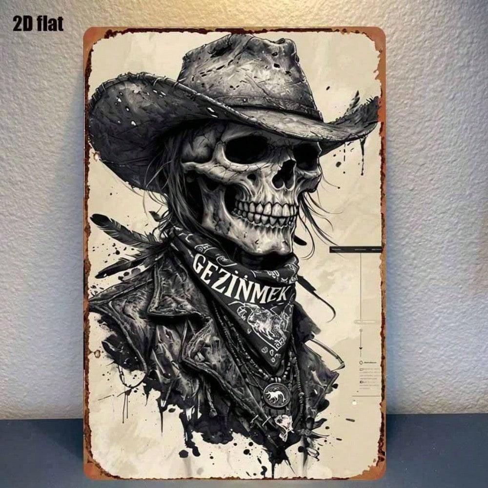 Vintage Skull Cowboy Tin Sign Rustproof UV Resistant Metal Wall Art Retro Farmhouse Home Decor 2D Flat Unframed