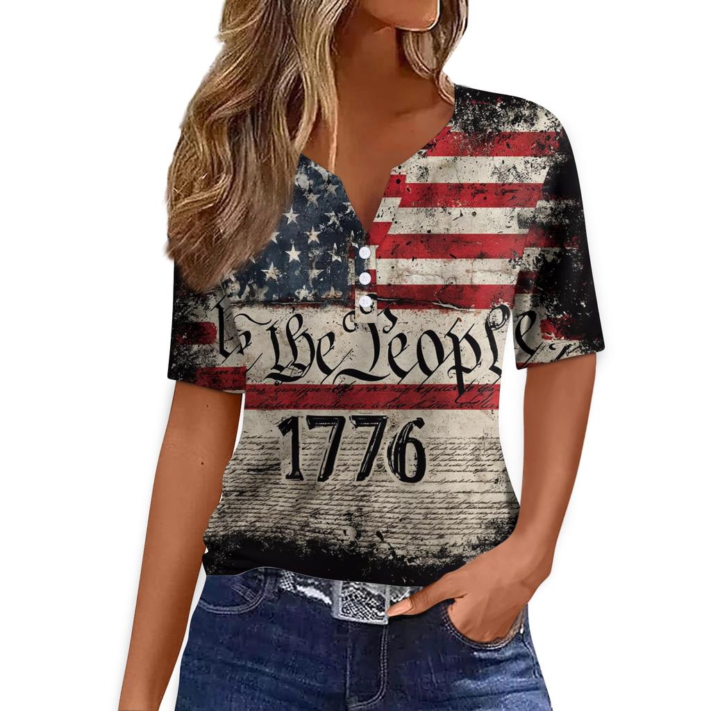 Women's T Shirt Tee Print Button Short Sleeve Daily Weekend Fashion Basic V- Neck Regular Top