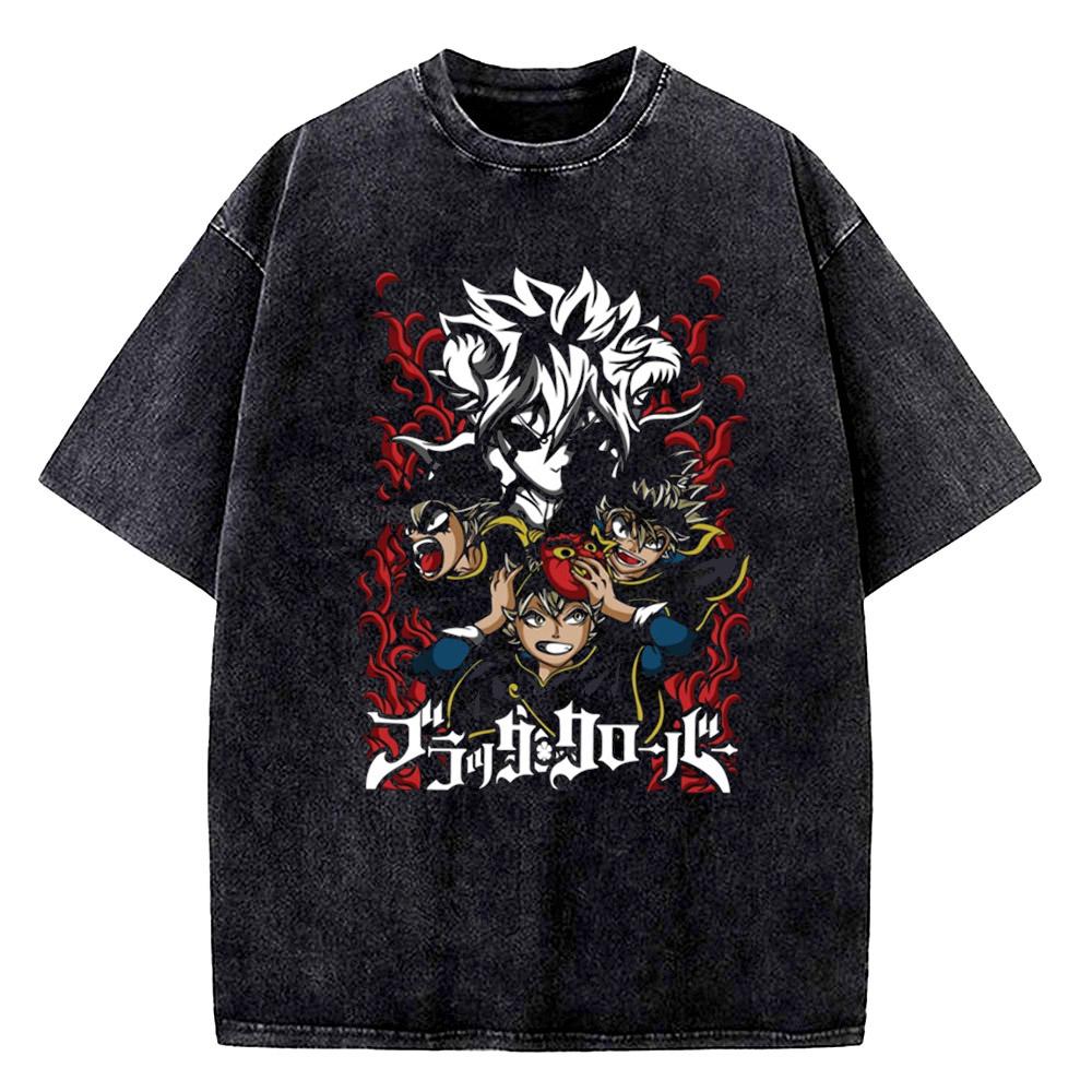 High Quality Yami Sukehiro Black Clover Manga 100% Cotton T-shirt for Men Short Sleeve Vintage Washed Clothing Male T Shirt