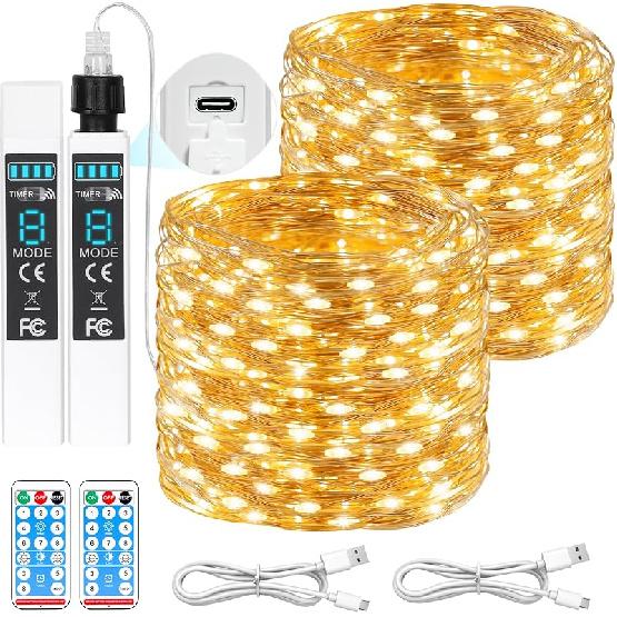 Lakumu 132FT (66FT*2) Rechargeable Fairy Lights, 400 LED String Lights Battery Operated with Remote&Timer, Waterproof Outdoor Twinkle Lights for теплый белый