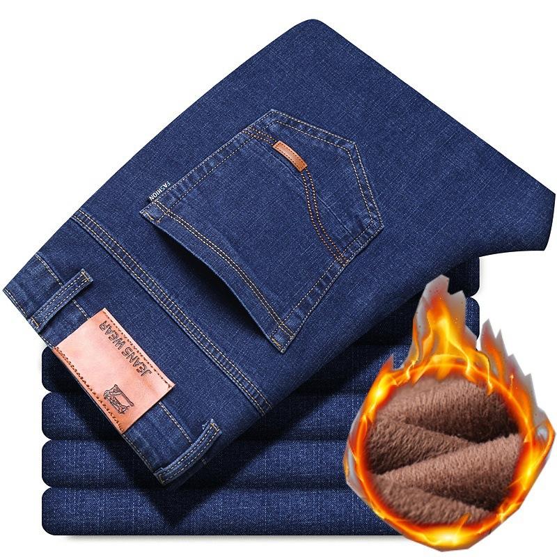 Fashion Padded Thickened Jeans Men's Autumn and Winter Models Loose Straight with Flannel Warm Men's Winter Trousers